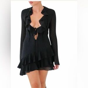 NWT RUMORED Black Ruffle Tie Neck Swiss Dot Long Sleeve Waterfall Mini Dress L